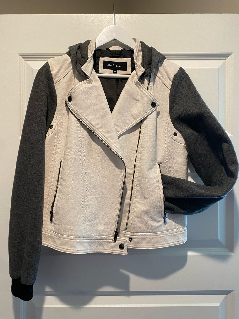 Black Rivet Two-Tone Cream Body with Charcoal Sleeves Hooded Moto Jacket